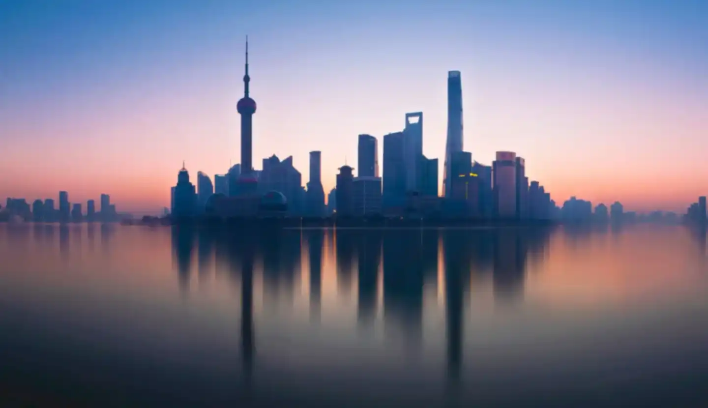 A financial district skyline at dawn, mirrored in still water.